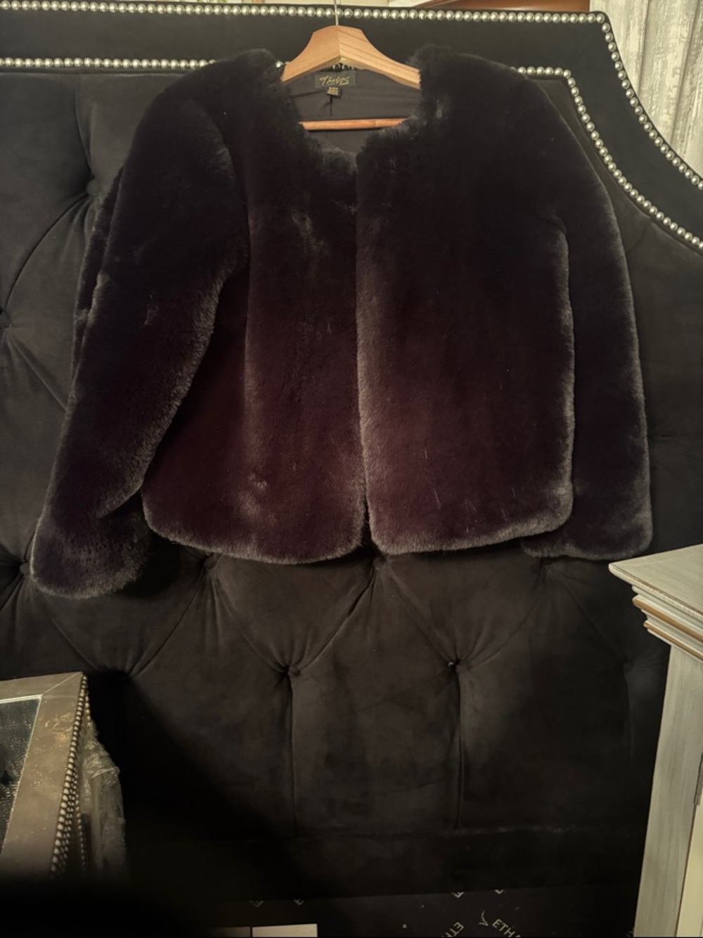 Tahari Plush Black Faux Fur Cropped Jacket